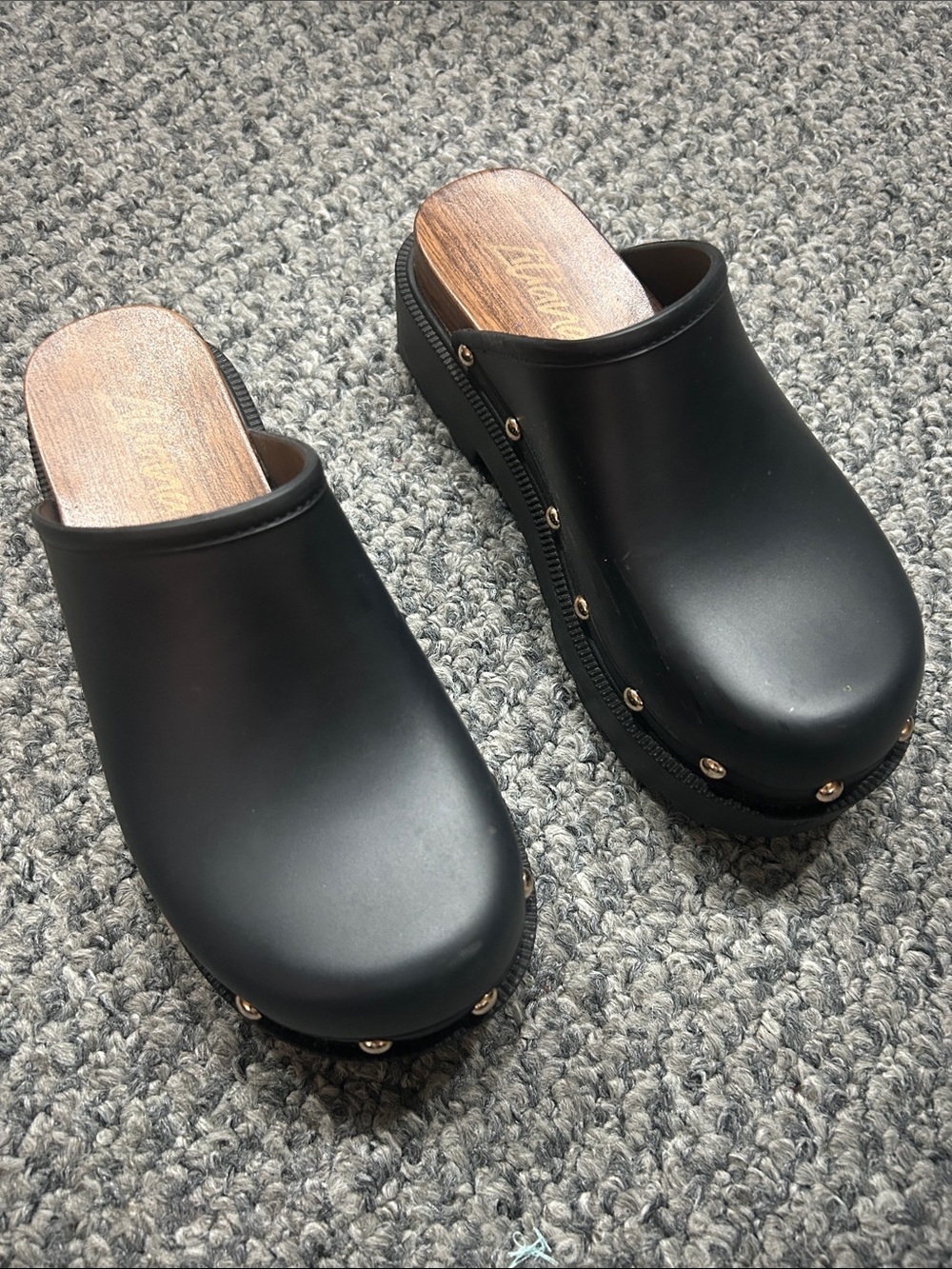 AKIRA Black Faux Leather Studded Clog Mules